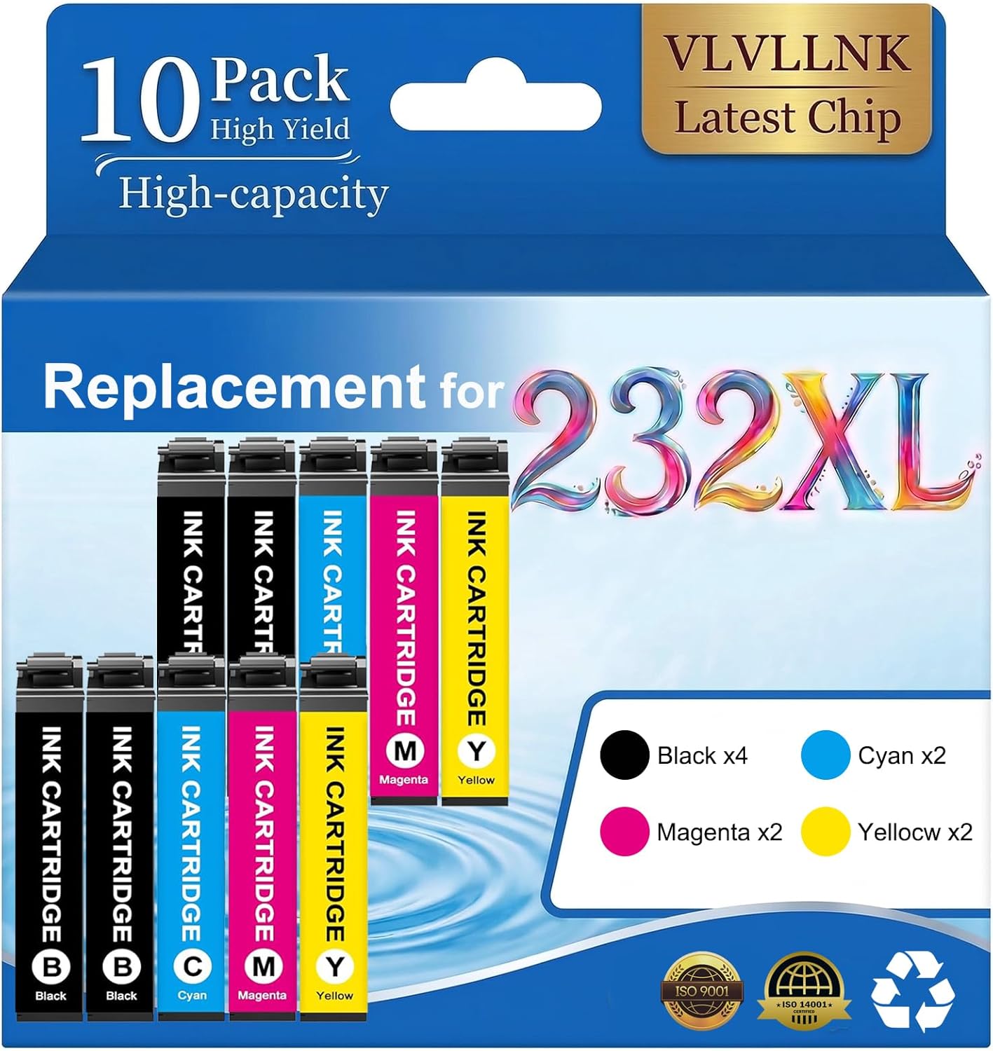 for 232XL Ink Cartridges Remanufactured for Epson 232XL Ink Cartridges Combo Pack Work with XP-4200 XP-4205 Workforce WF-2930 WF-2950 Printer (6 Pack, 3 Black Cyan Magenta Yellow)