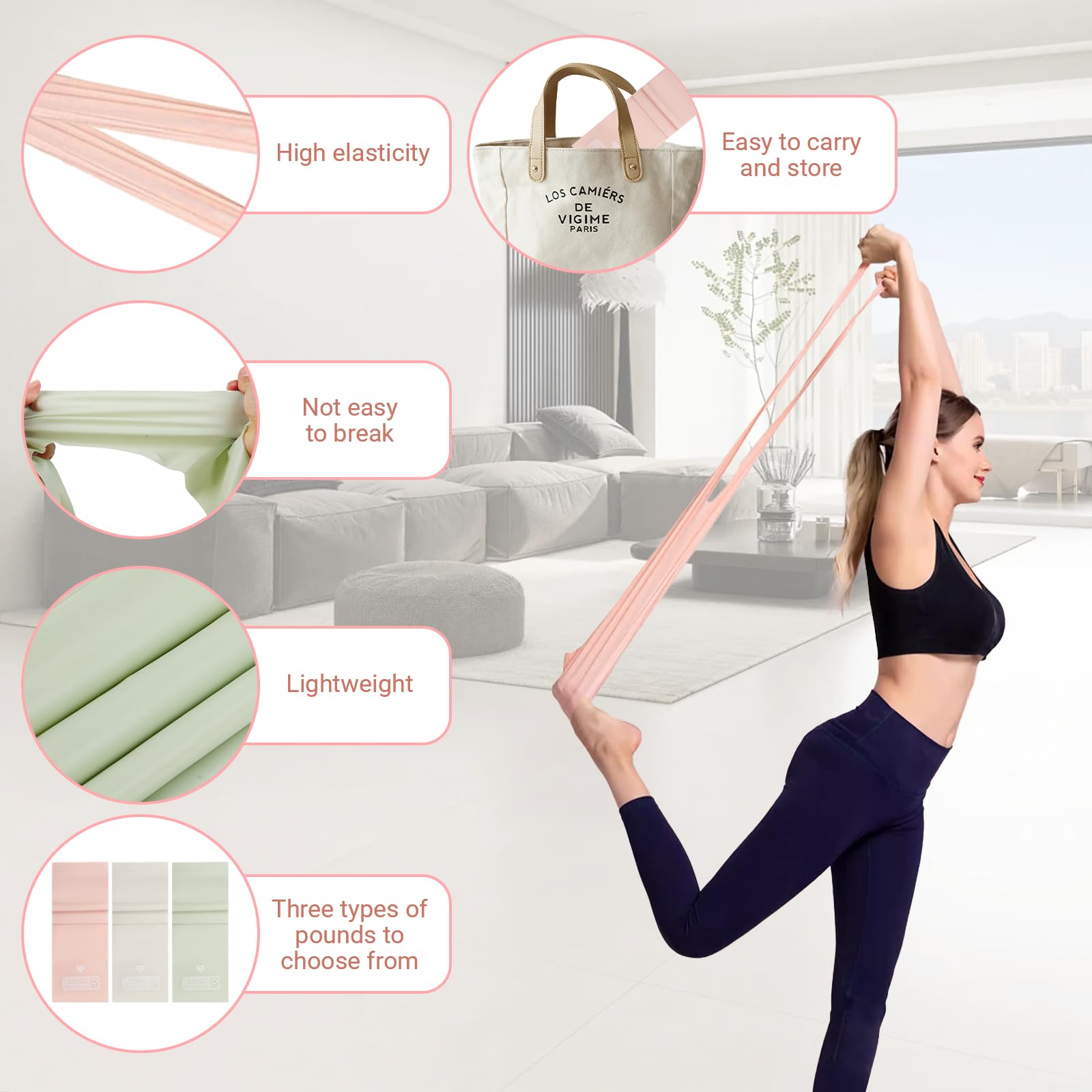 Set di 3 Bande Elastiche Fitness - Elastici fitness 1500~2000 x 150 x 0.35mm - 3 Livelli di Resistenza - Materiale TPE - Per Allenamento Muscolare, Yoga, Pilates (Rosa, Verde, Grigio)