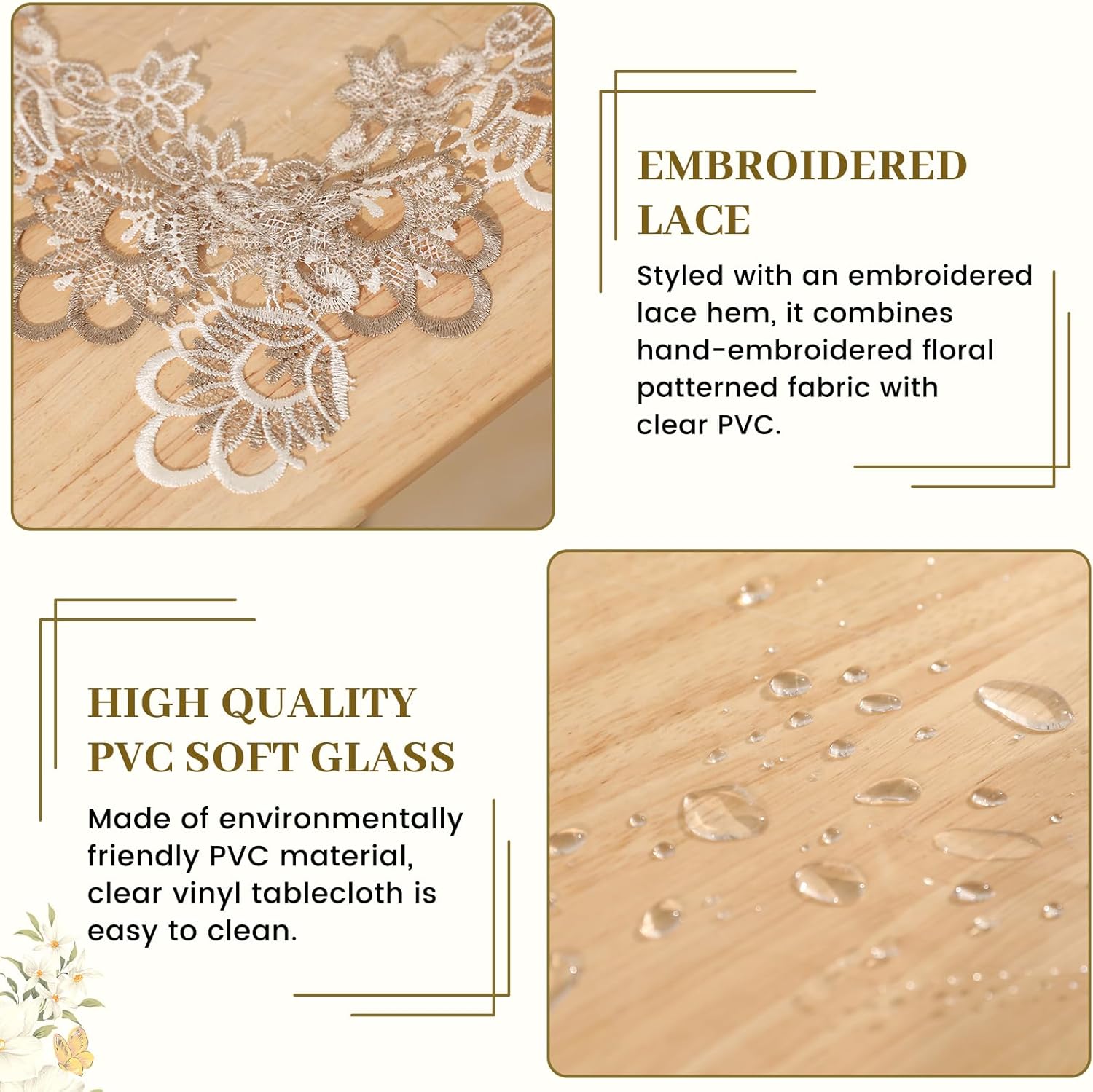 Qubjus 2-Piece Waterproof Tablecloth Set - Crystal Clear PVC & Vinyl Table Cover with Embroidered Lace Trim for Weddings, Camping, Restaurants (60x78 Inch, Champagne Floral)