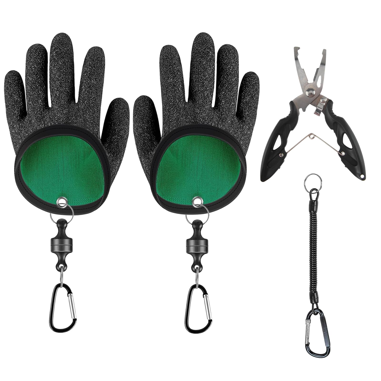 JINXIAN 1 Paar Handschuhe Angeln mit 2 Magnetic Buckle und Angelzange Feder Schlüsselband Anti Schnitt Wasserdicht Angelzubehör für Landehandschuh Hecht Zander Wels Sport & Freizeit