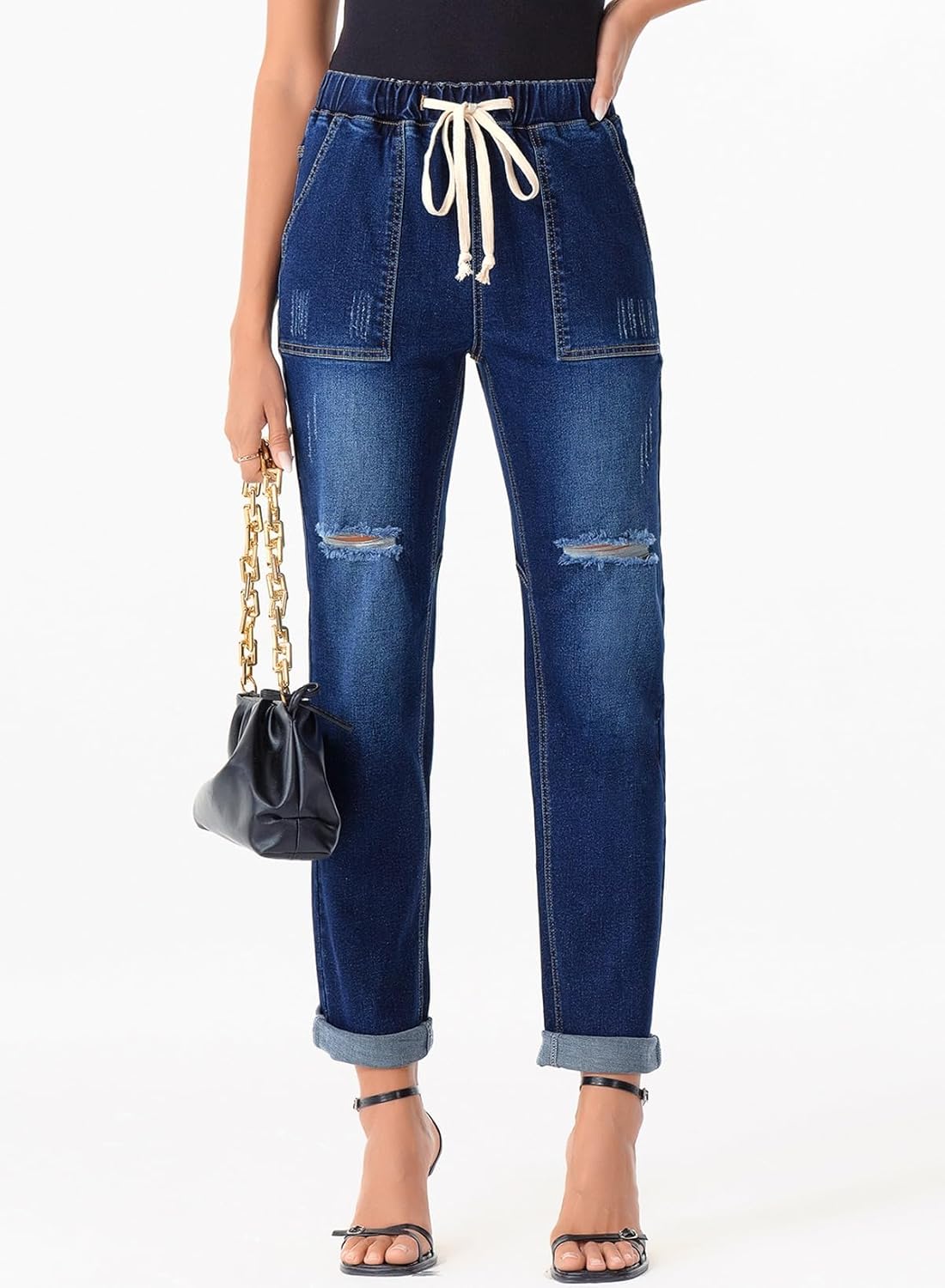 Sidefeel Women’s High Waisted Drawstring Jeans Pull On Cargo Joggers Zimbaplatinum Ripped Elastic Waist Denim Pants - Image 4