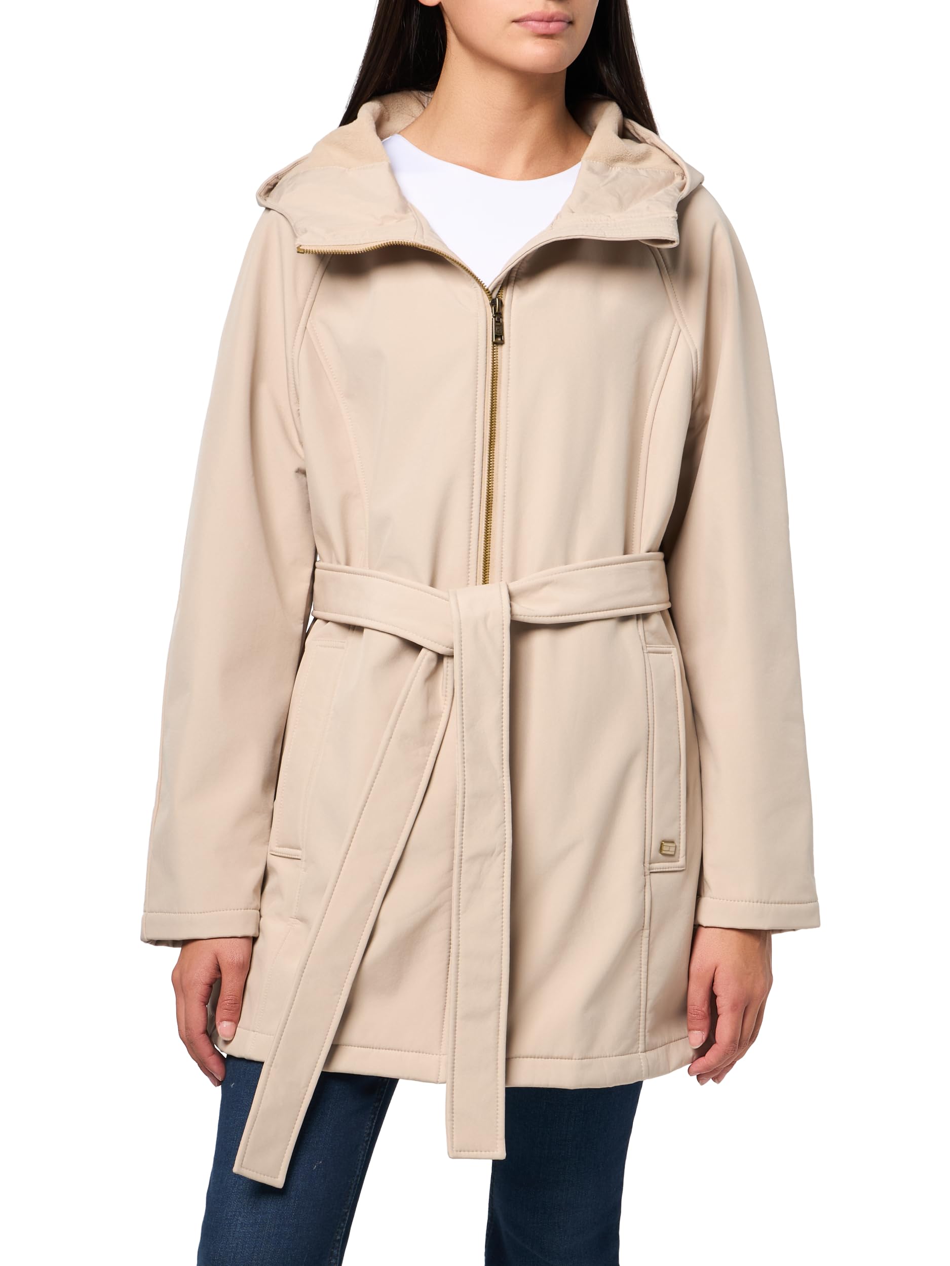 Tommy Hilfiger Damen Softshell-Regenmantel mit Kapuze und Gürtel, Chino, XL