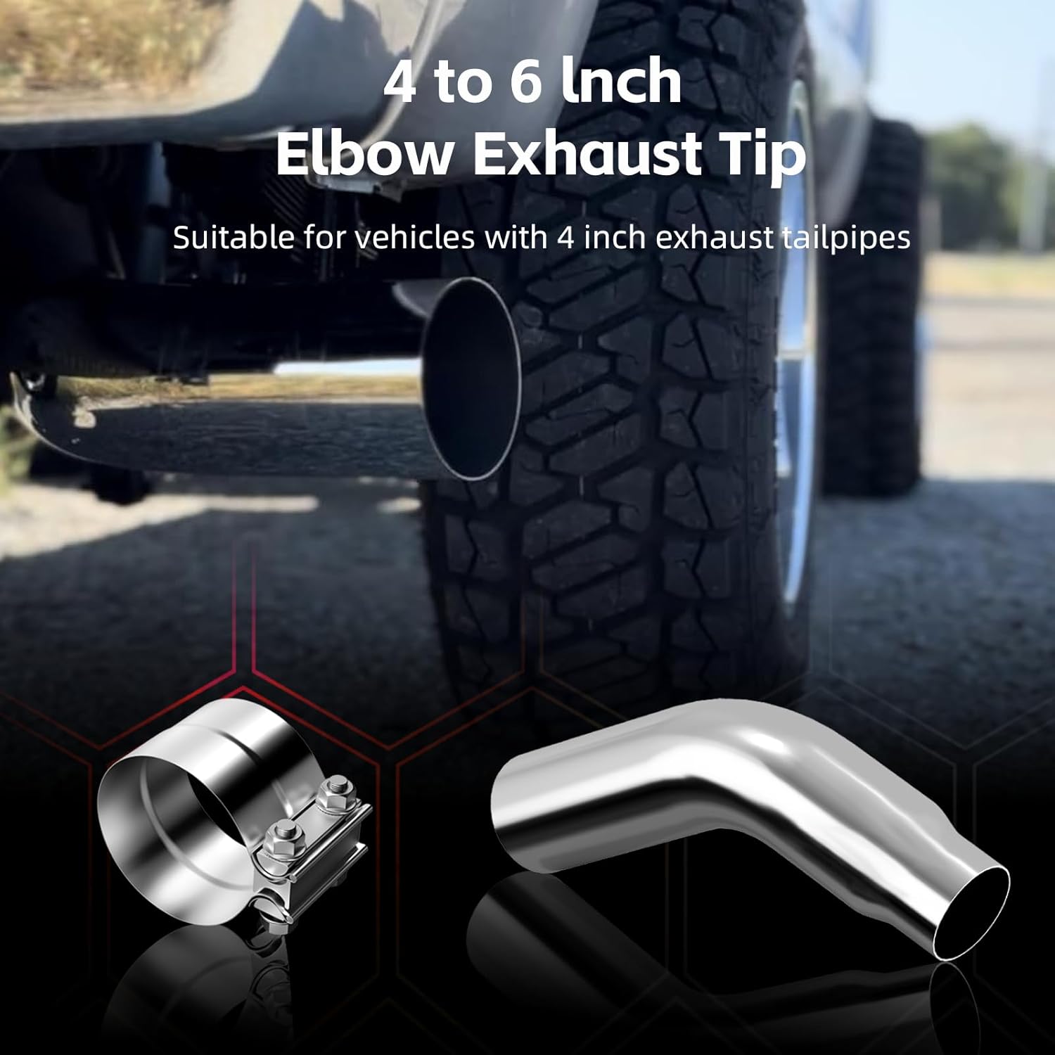 LCGP 4" Elbow Exhaust Tip with a Clamp, Chrome Electroplated Exhaust Pipe 4" Inlet 6" Outlet 23" Length Turndown Diesel Exhaust Tip