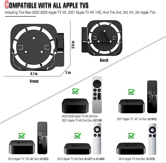حامل Apple TV متوافق مع جميع أجهزة Apple TV - حامل تثبيت على الحائط مع حامل عن بعد يناسب جميع طرازات Apple TV 4K / HD، مع حافظة / غطاء حماية من السيليكون لجهاز التحكم عن بعد Siri