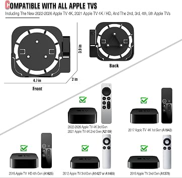 حامل Apple TV متوافق مع جميع أجهزة Apple TV - حامل تثبيت على الحائط مع حامل عن بعد يناسب جميع طرازات Apple TV 4K / HD، مع حافظة / غطاء حماية من السيليكون لجهاز التحكم عن بعد Siri