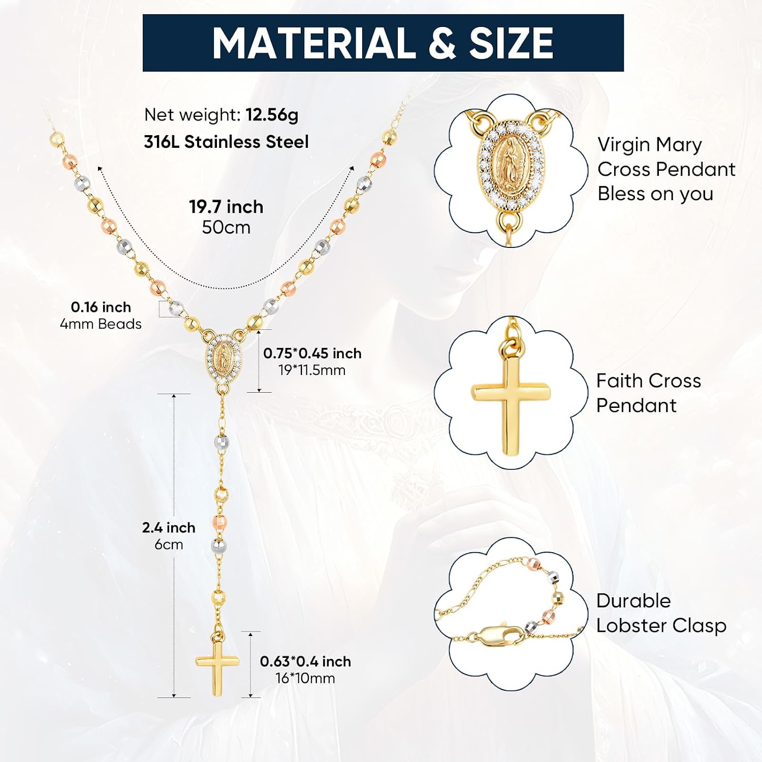 Girl's Gold Virgin Mary Necklace - Tri-color Rosary Bead Cross Necklaces,Hypoallergenic Non Tarnish Catholic Y Chain Crucifix Necklaces Christening Jewelry Baptism Gifts Birthday Confirmation Girls