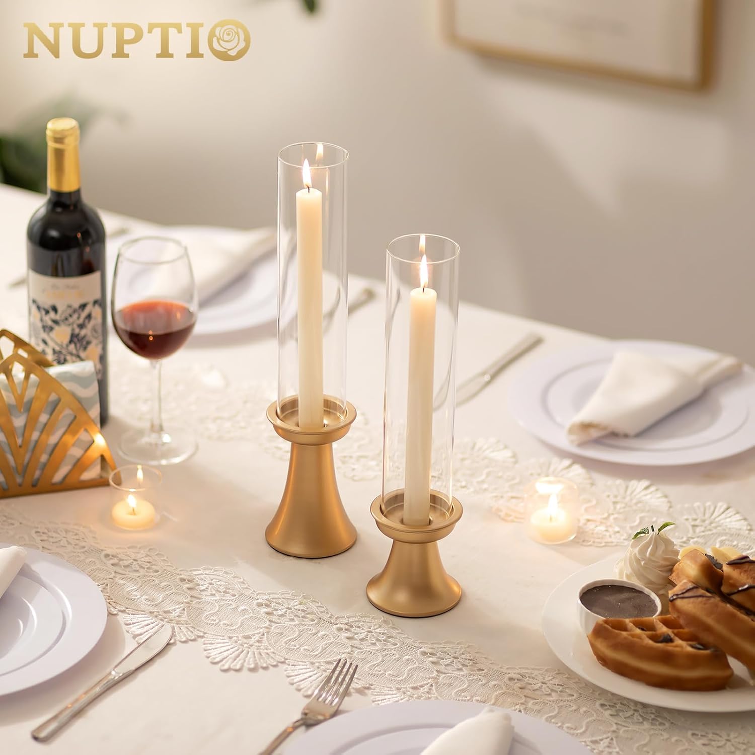 NUPTIO Taper Candle Holders Gold: Set of 2 Candlestick Holder with Hurricane Glass Cover - Tall Metal Candles Stick Stand for Fall Thanksgiving Christmas Seasonal Fireplace Decor - Image 8