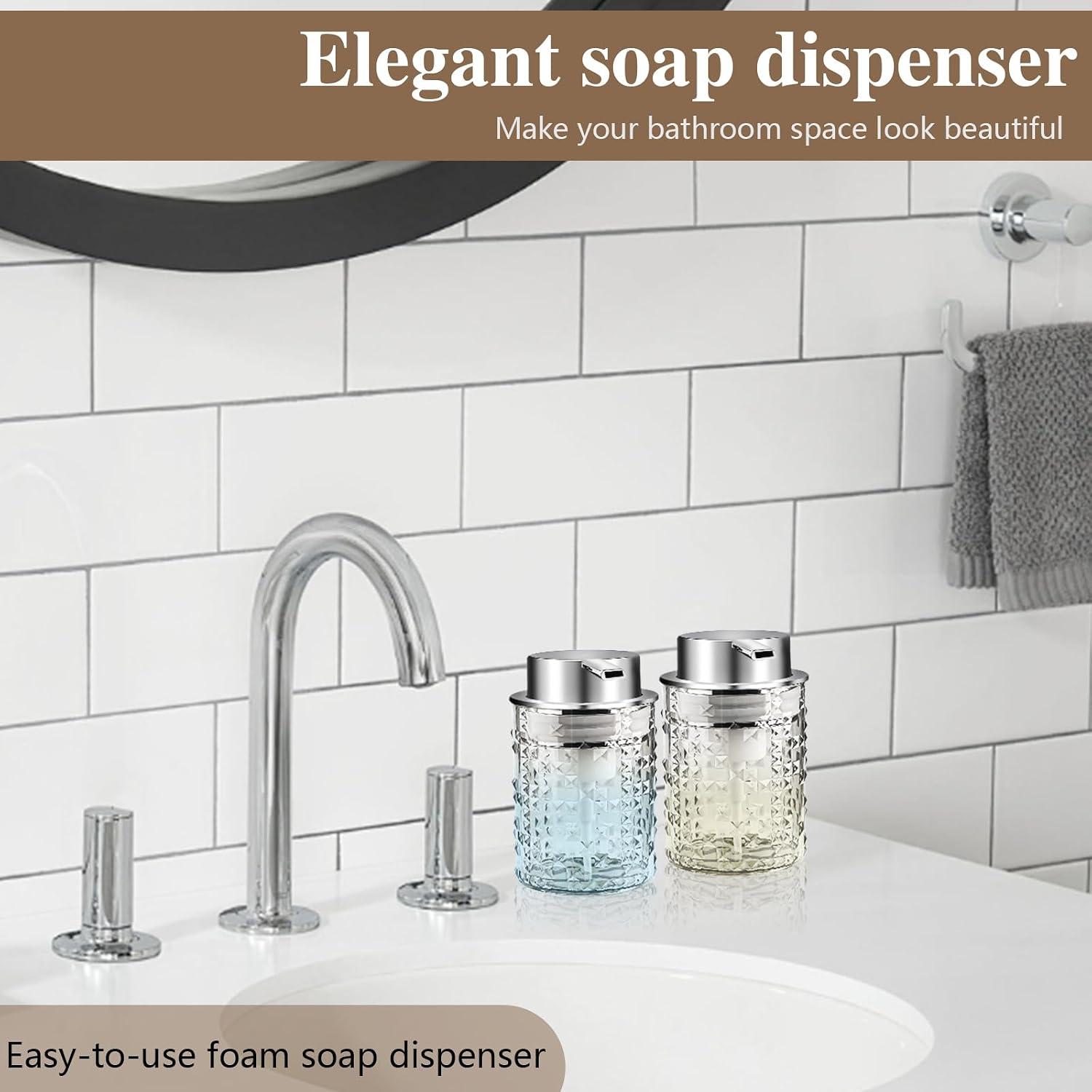 RETON 2 Pcs Foaming Soap Dispenser, 10 Oz/300ml Clear Hand Soap Dispensers with Pump, Refillable Foam Lotion Dispenser, Plastic Dish Soap Container for Bathroom Kitchen Countertop (2 Clear)