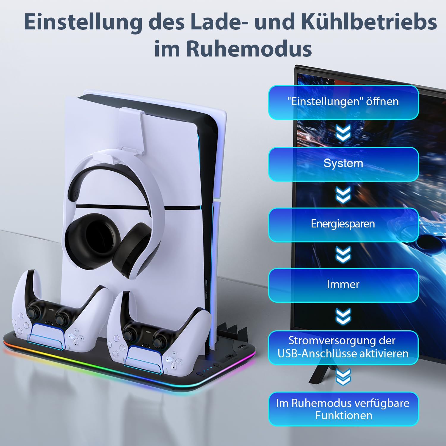PS5 Stand Kühlstation für PS5/PS5 Slim/PS5 Pro,Vertikalständer mit Ultra-Lüfter und Buntem Licht, Headset-Halterung,PS5-Zubehör,Schwarz