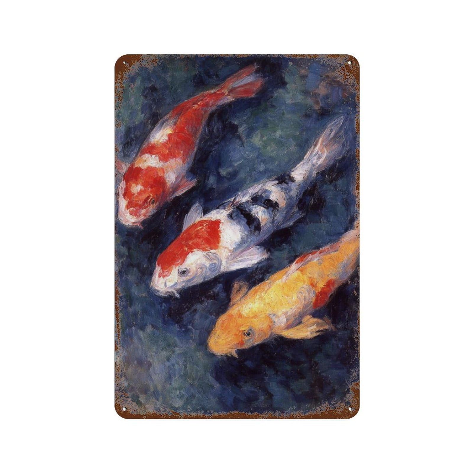 Koi Fish Pond Painting Retro Metal Sign 11.8"x7.9", Classic Wall Plaque for Basement, Hobby Room And Garage Decor