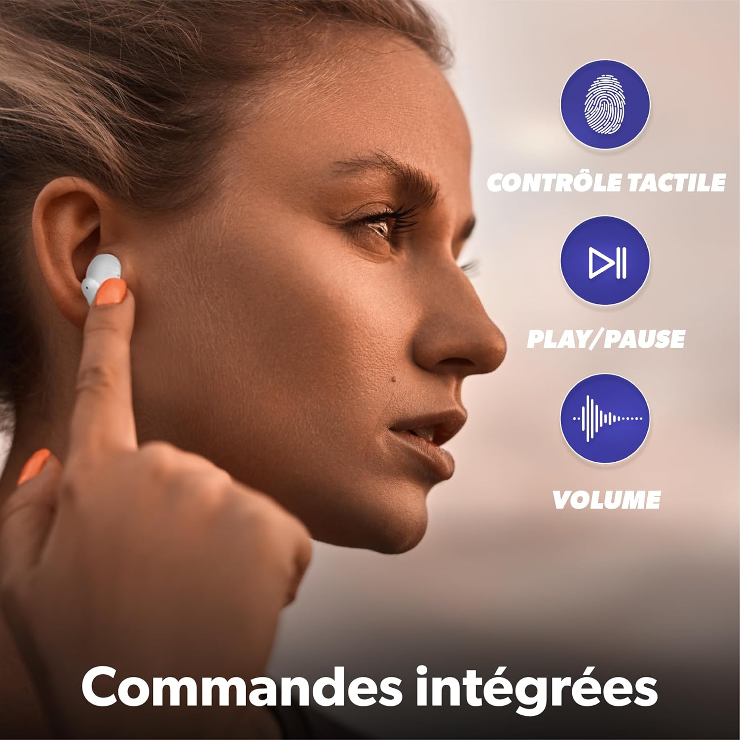 Person using T'nB EBXLEMON Wireless Earbuds, showing touch controls for play/pause and volume.