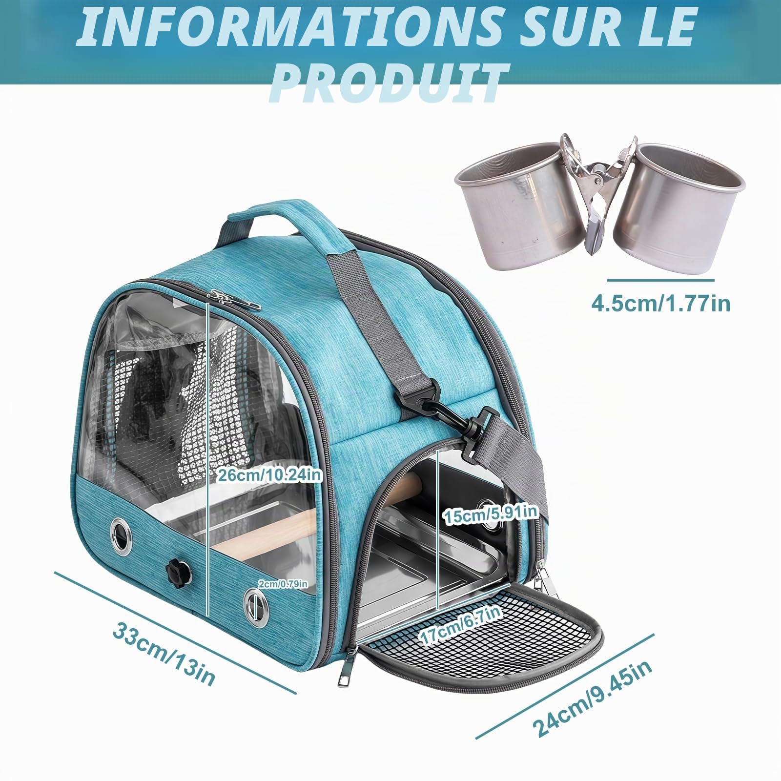 Boîte de transport pour oiseaux : sac à dos pour oiseaux avec perchoir et plateau en acier inoxydable, boîte de transport légère et respirante, cage de voyage pour perroquets perruches (bleu