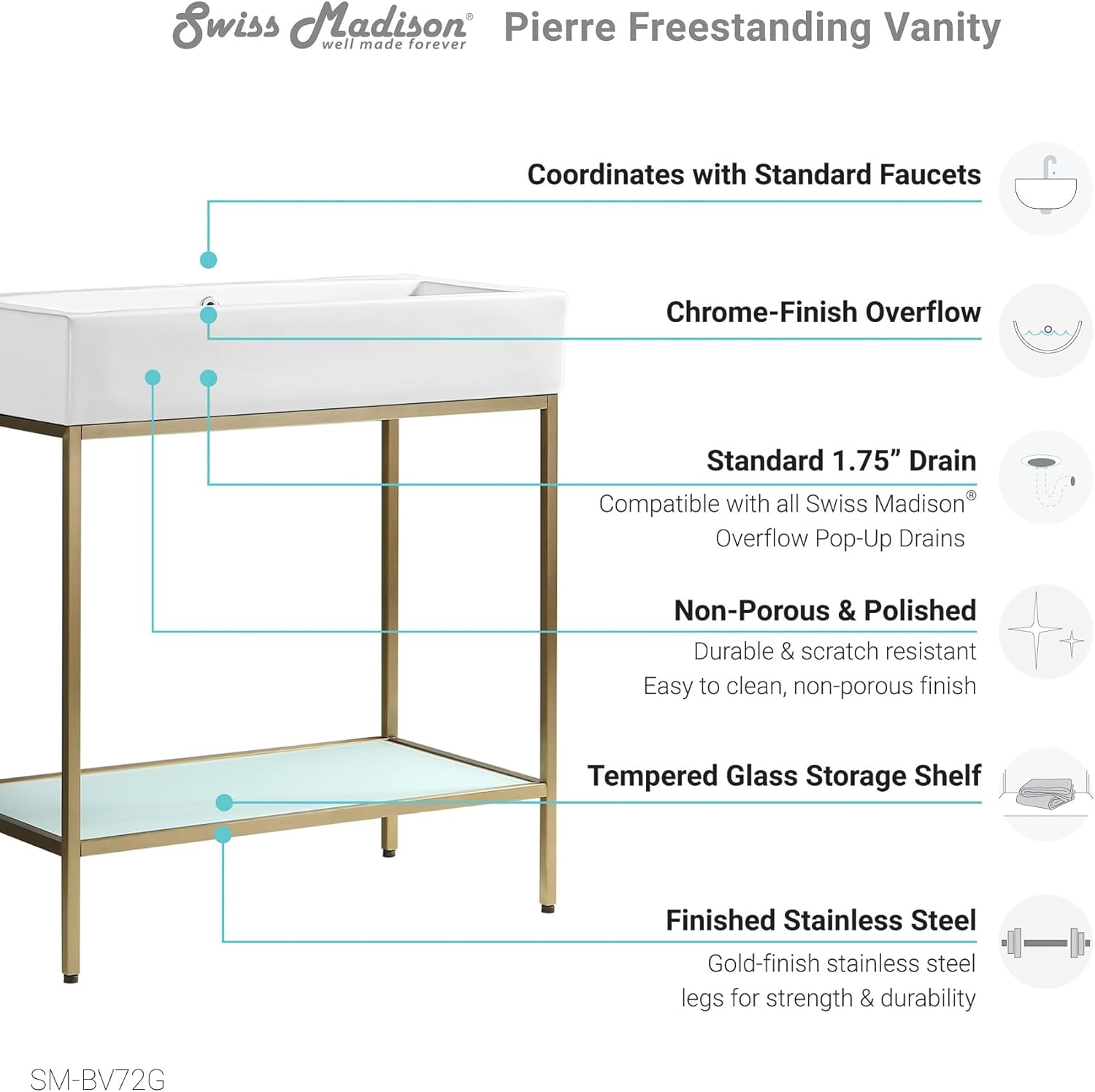 Swiss Madison Pierre 32 Single, Freestanding, Open Shelf, Gold Metal Frame Bathroom Vanity