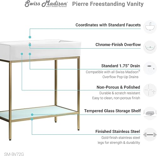 Miniatura 2 de Swiss Madison Pierre 32 Individual, independiente, estante abierto, marco de metal dorado tocador de baño
