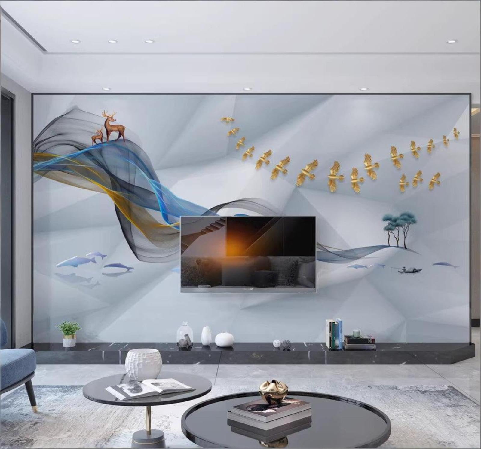 Xlming 430Cm×300Cm(B×H) Abstract Three Dimensional Mist Birds In Flight Trees Elk 3D Wallpaper Premium Textured Silk Study Dining Living Room Bedroom Sofa Tv Wall Easy Install-430Cm×300Cm