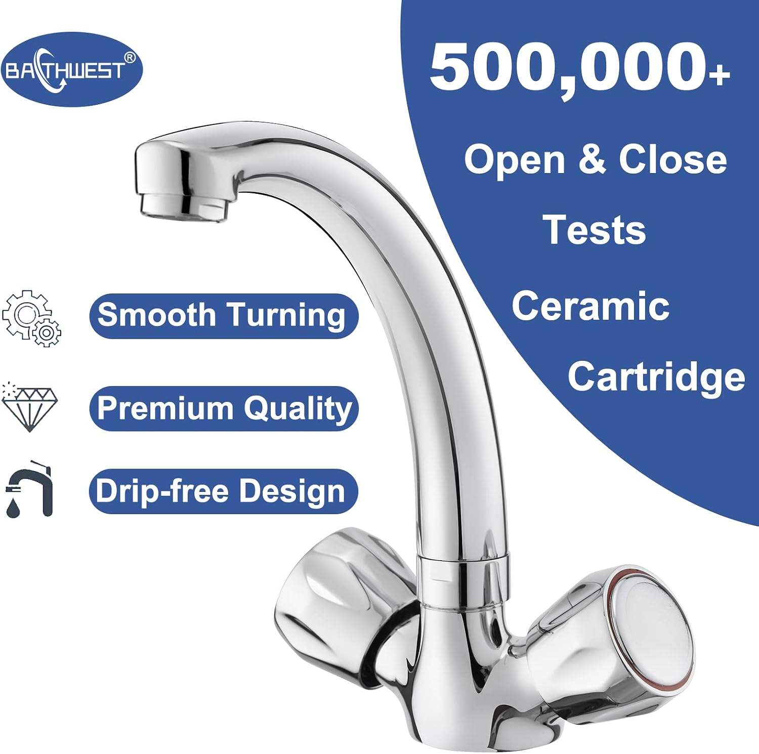 BATHWEST Compact Kitchen Sink Tap, Dual Knob 360° Swivel Solid Brass Chrome Modern Tap 1027, Silver - Image 5