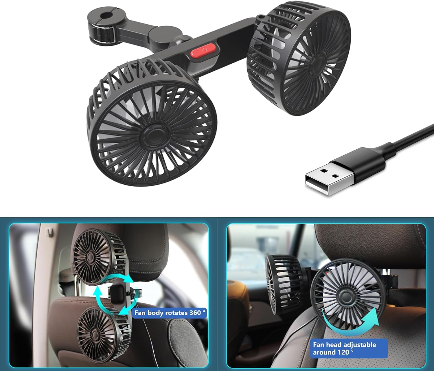 Fan for Car Back Seat, 2025 New Dual Head Car Fans that Blow Cold Air, USB Fans for Backseat, Adjustable Clip Vehicles Rear Seat Air Fan for Sedan SUV RV, Cars Cooling for Backseat