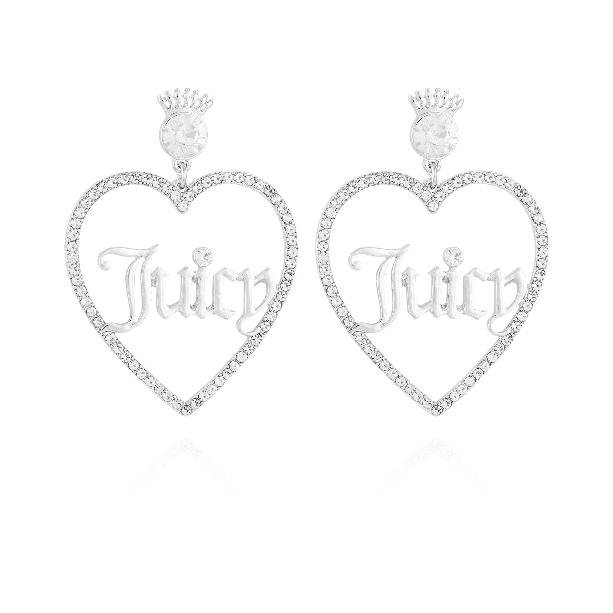 Juicy Couture Silvertone Crystal Glass Stone Heart Drop Logo Earrings