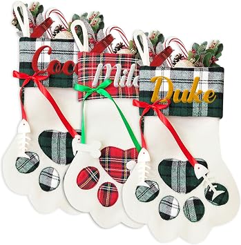 Personalized Christmas Stockings for Dogs and Cats, Custom Paw Shape Stocking Embroidered with Pet Name, Xmas Decorations Family Holiday Fireplace Hanging Stockings 17.3x8.6 in