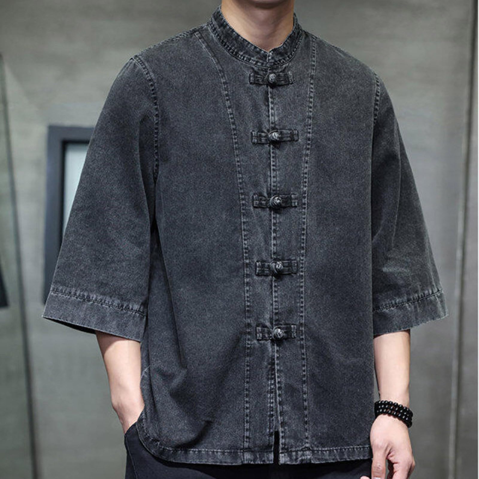Giacca Da Uomo in Denim Vintage Tradizionale Con Collo Alto Bottoni A Forma Di Rana Maniche Lunghe E Vestibilità Ampia in Tessuto Jeans A Tinta Unita