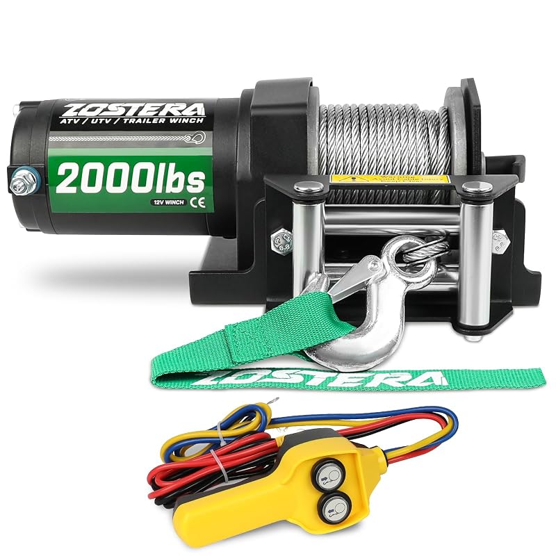 Guincho elétrico 12 V para ATV e UTV Zostera com cabo de aço, controle remoto com fio, placa de montagem, guia de roletes e gancho 2000 lb