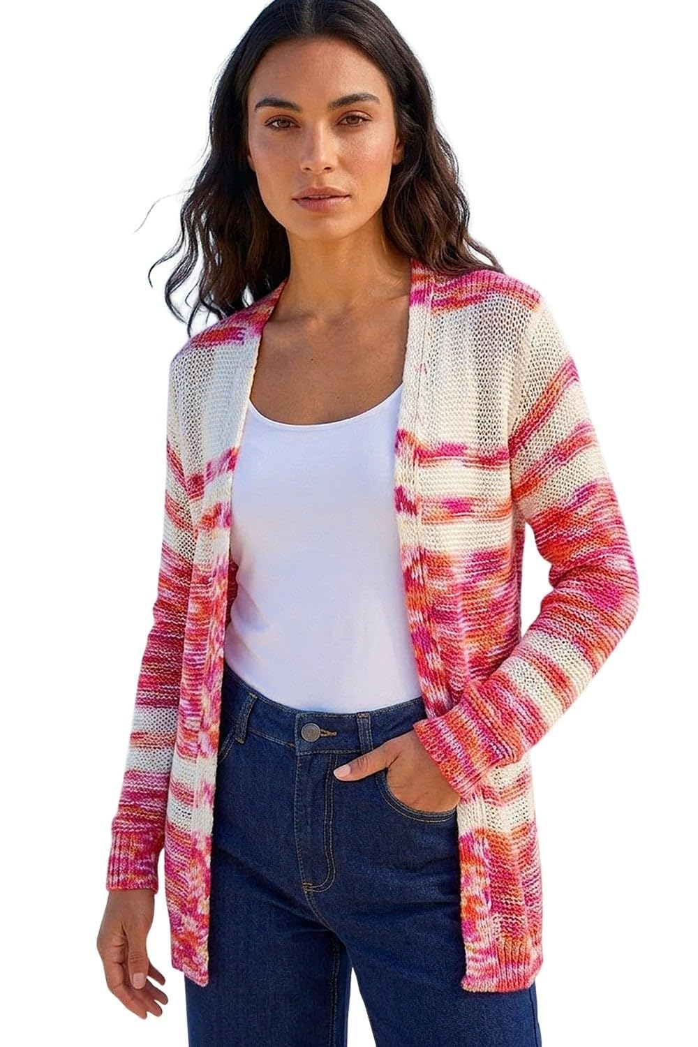 Roman Originals Spacedye Lightweight Knit Cardigan for Women UK - Ladies Everyday Holiday Spring Summer Comfy Soft Evening Vacation Work Party - Cerise - Size 20