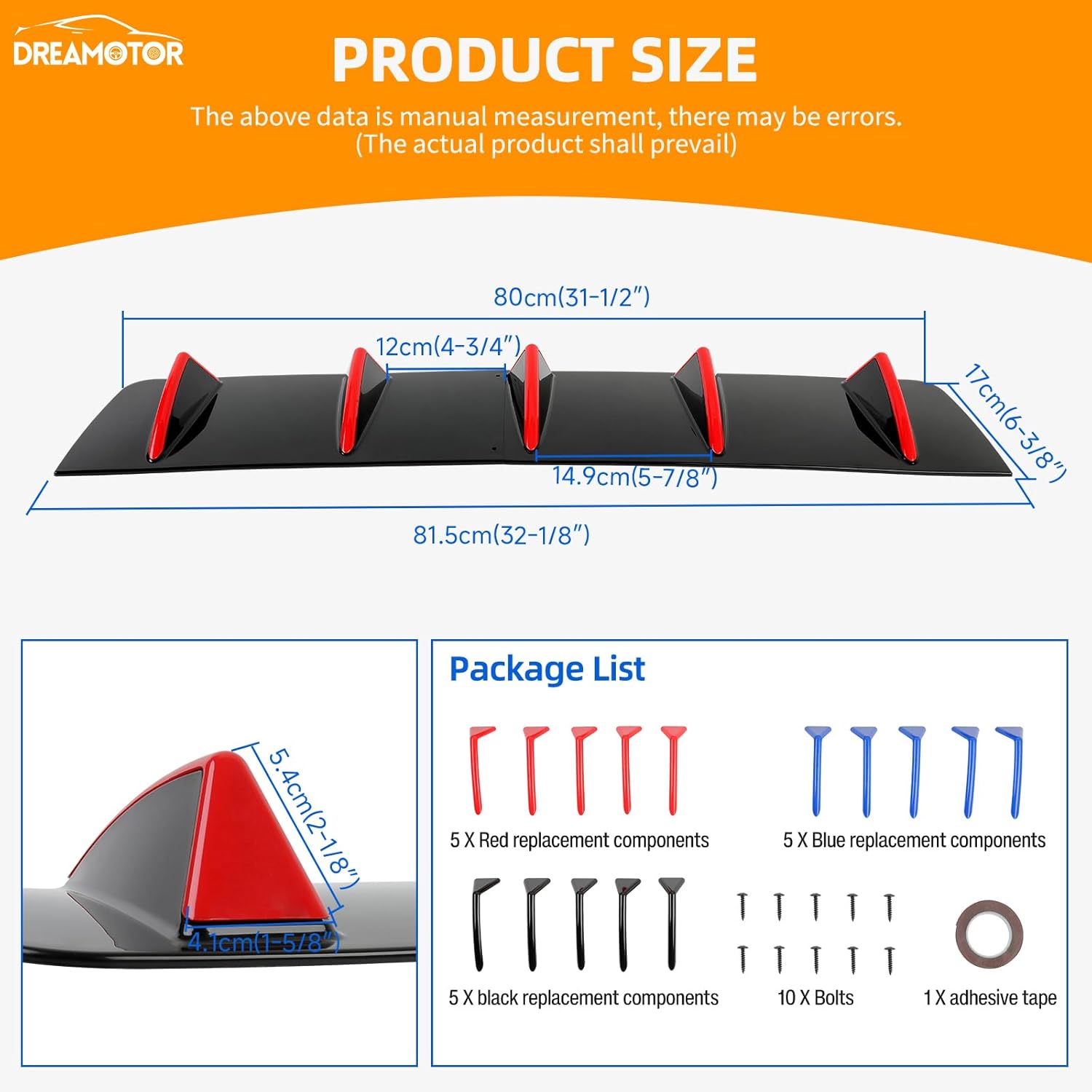 31.5" Universal Rear Diffuser, 3 Colors-Upgraded Detachable Shark Fins Rear Bumper Diffuser Lip Compatible with Honda Civic Accord VW Lexus Dodge Charger Toyota Corolla Nissan Altima Audi