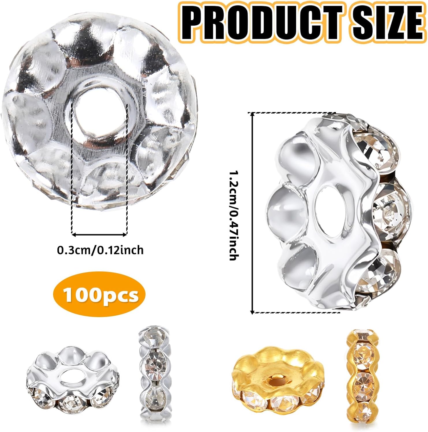 100 Pcs 12mm Silver and Gold Rondelle Spacer Beads Rhinestone Crystal for Jewelry Making, Fancy Sparkle Crystal Spacer Beads for DIY Pens Bracelet Jewelry Making - Image 2