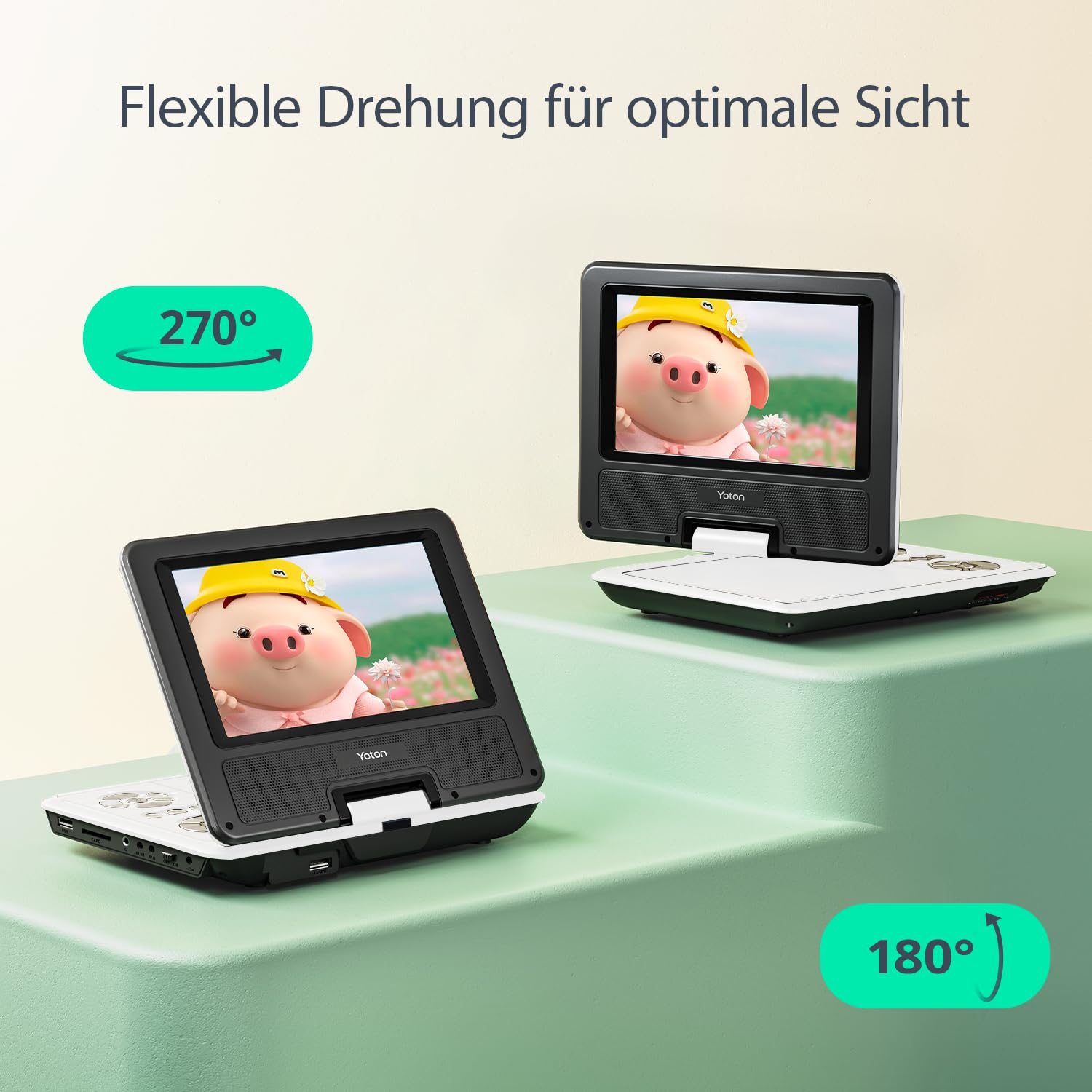 Yoton 9,5" Tragbarer DVD-Player für Kinder im Auto mit 7,5" HD-Schwenk Bildschirm, Stereo-Lautsprechern, 6 Stunden Akkulaufzeit, Sync-TV/USB/SD-Karten-Unterstützung, Weiß [Kein Blu-ray Support]