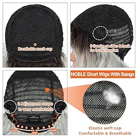 NOBLE Blue Wig with Bangs 12 Inches Short Bob Curly Wig Blue Wigs for Women Colorful Wavy Bob Wigs with Air Bangs Heat Resistant Synthetic Silver Blue Halloween Wigs for Cosplay Party