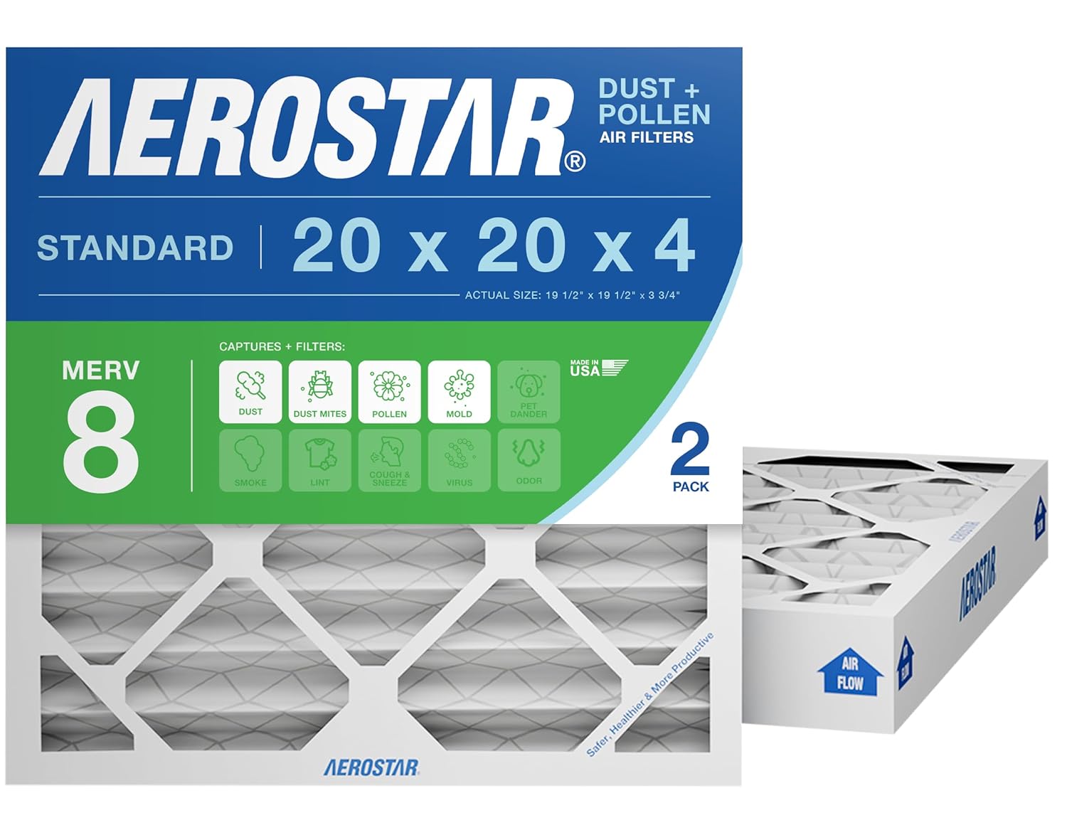 Aerostar 20x20x4 MERV 8 - 6 Count - High Efficiency Pleated HVAC, Furnace & Air Conditioner Filters - Removes Dust, Lint, Mold & Allergy-Causing Pollen