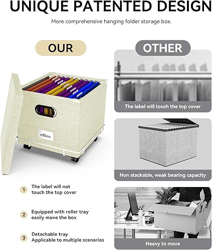 Miniatura 3 de Oterri Caja de archivos, caja de archivos mejorada, cajas de archivos fáciles de deslizar para colgar archivos con tapa, archivador rodante de lino,