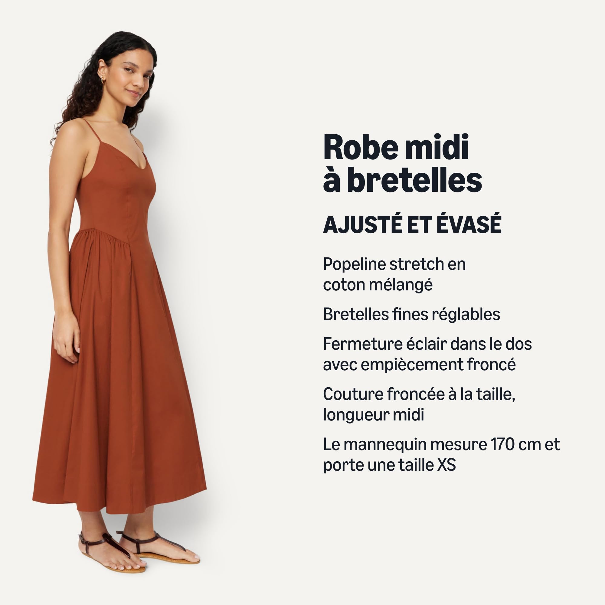 Amazon Essentials Femme Robe midi ajustée et évasée en Popeline de Coton à Bretelles Fines
