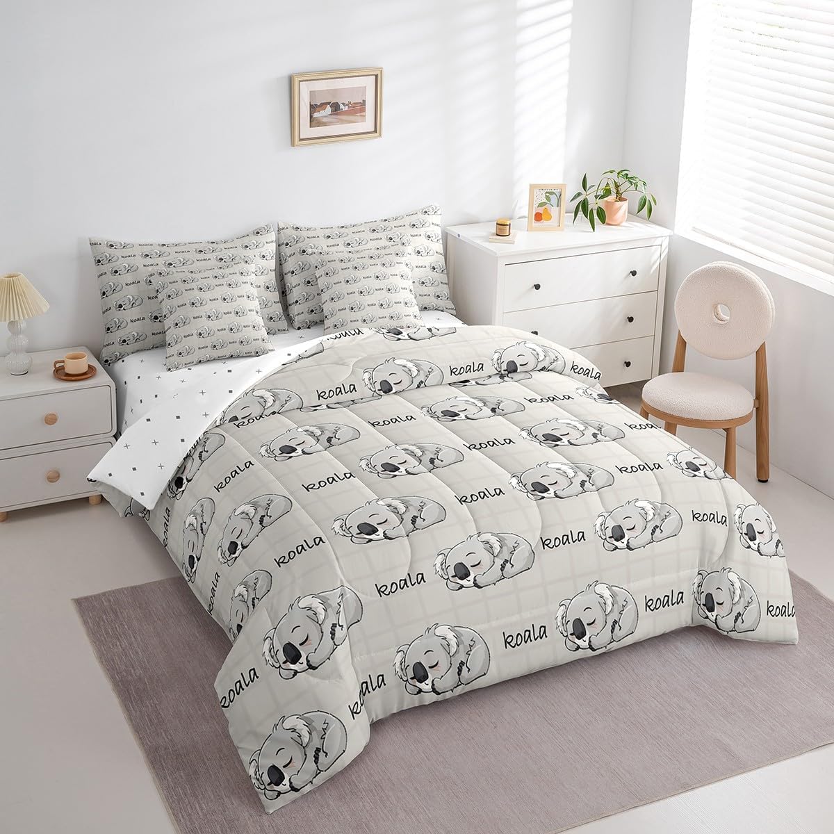Feelyou Toddler Cute Koala Queen Comforter Set with Sheets for Girls Boys Kids Cute Animal Bed in a Bag Room Decor Kawaii Wild Animals 7 Pieces Bedding Set Bed Set Grey Brown
