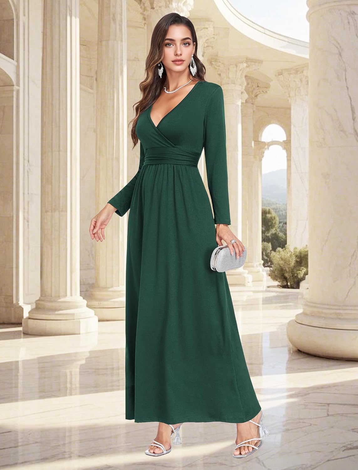 Lacavocor Women's Long Sleeve Deep V Neck Maxi Dress Casual Wrap Waist Long Dress with Pockets - Image 4