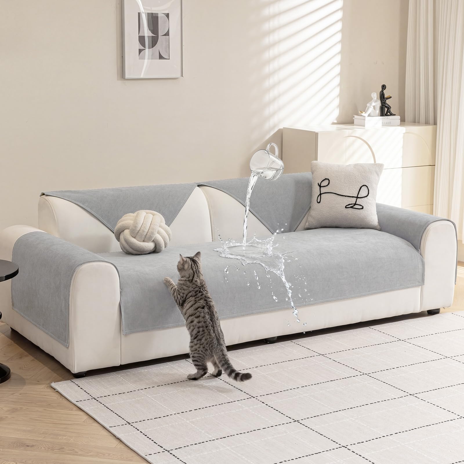 Warmstar Sofa Überzug Wasserdicht Chenille Couch Überzug,Kratzfest Hund Katze Sofabezug,Sofaschoner Rutschfester Sofa Cover 2 3 4 Sitzer für U Form L Form Sektionssofa (Hellgrau, 90 * 70cm)