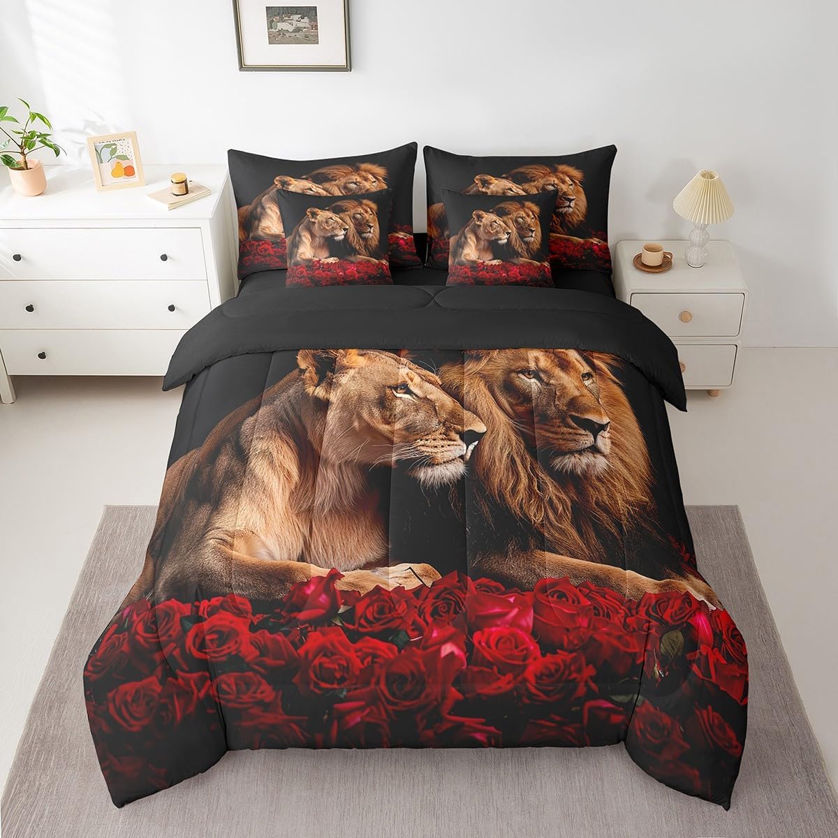 Lion Couples 7 Pieces Bedding Set King,African Wild Animal Nature Wildlife Bed in a Bag for Adults,Red Roses Romantic Flowers Love Comforter Set with Sheets,Pillow Covers