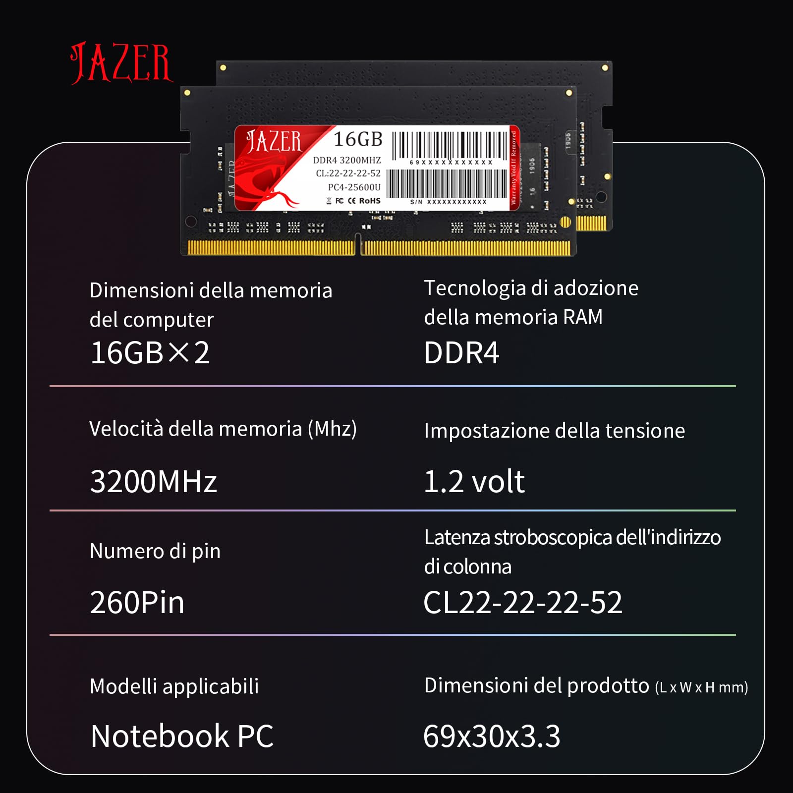 JAZER RAM 32GB Kit (2x16GB) DDR4 3200MHz SODIMM CL22 di Memoria per Laptop/Mini PC, Memoria per Computer ad alte Prestazioni