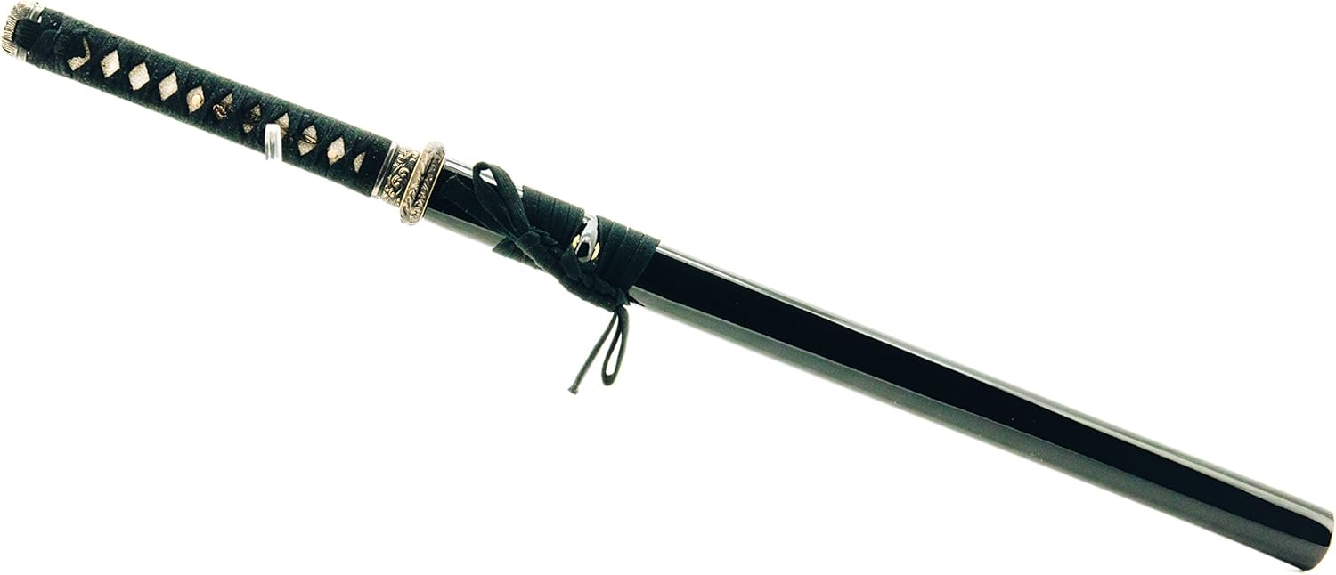 HMS Samurai Wakizashi Sword, Functional, Hand Forged, 1045 Carbon Steel, Heat Tempered, Full Tang, Sharp, Warrior Tsuba, Black Wooden Scabbard