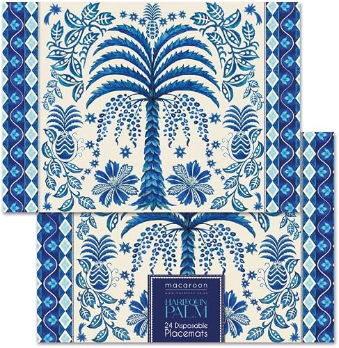 Macaroon Harlequin Palm Disposable Placemat Book of 24 | Decorative Palm Design, Blue & Cream Colours, Single-Use, Table Setting, Palm Pattern