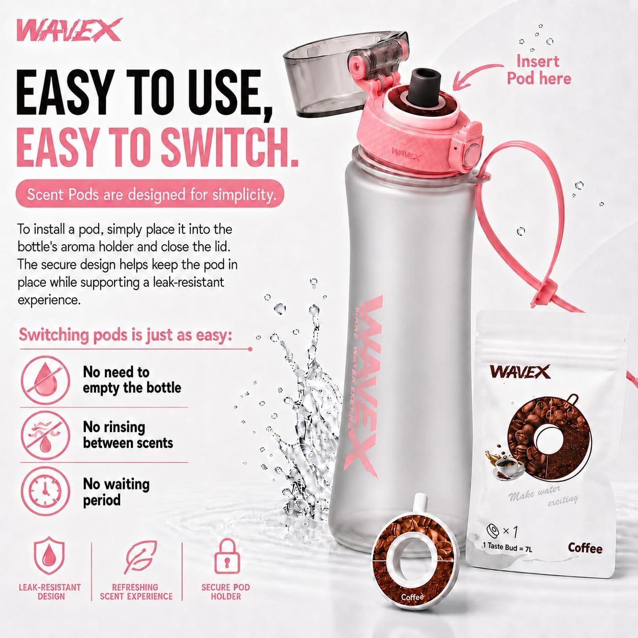 Wavex Scented Water Bottle, Includes 1 Replaceable Coffee Aroma Scent Pod, Flip Top Leak-Proof Lid, Straw & Carry Strap Included, Subtle Flavor Experience, No Sugar or Calories, (600ml, Pink)