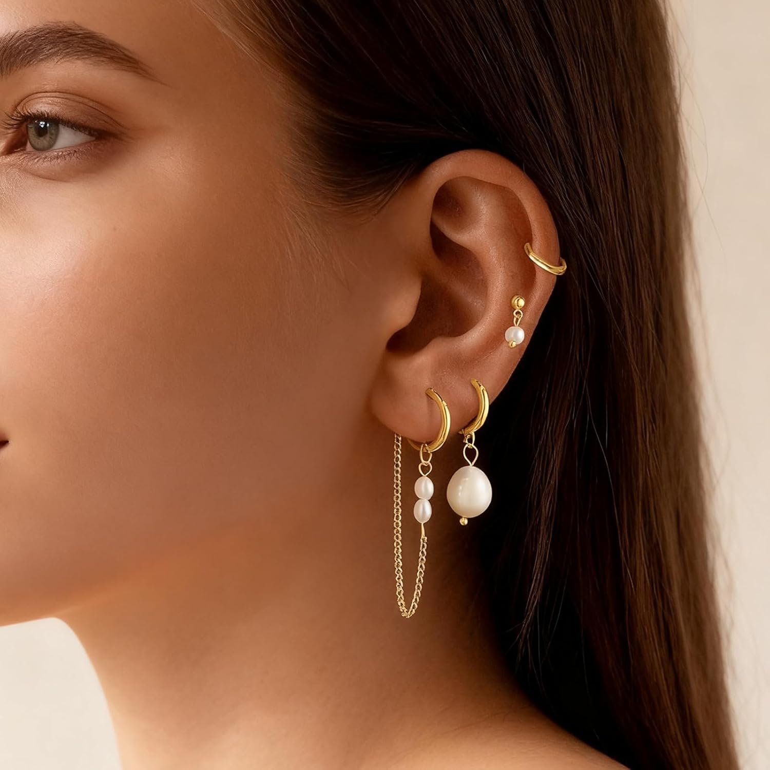 Eyesoul 4Pairs Pearl Dangle Earrings Stacks For Women Trendy Drop Chain Set Multiple Piercing Dainty 14K Gold Plated Silver Jewelry - Image 6