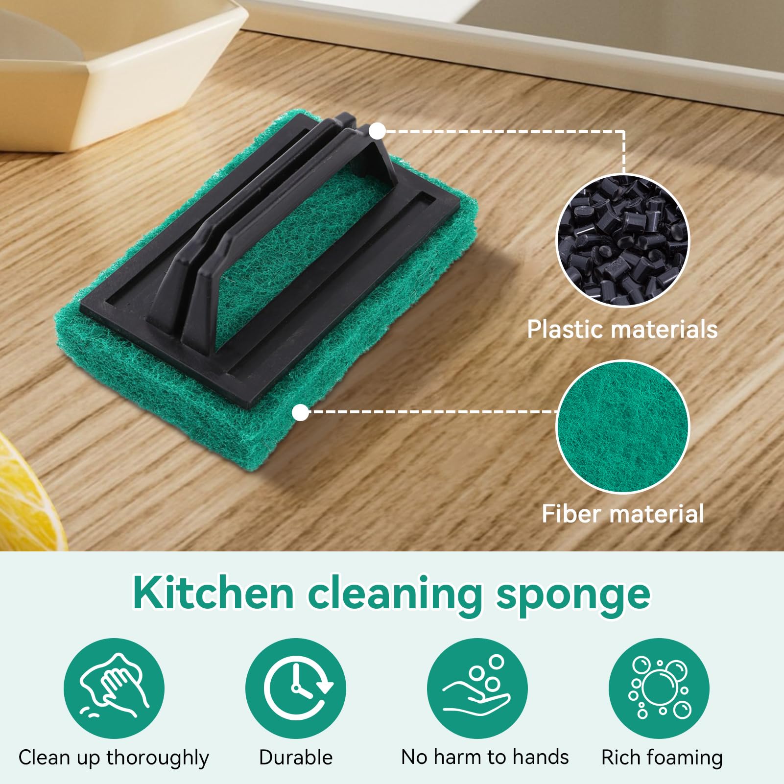 Kitchen Sponge Cleaning Sponge with Plastic Handle, Handle Sponge Brush, Heavy Duty Cleaning Sponge Scrub Brush - Image 4