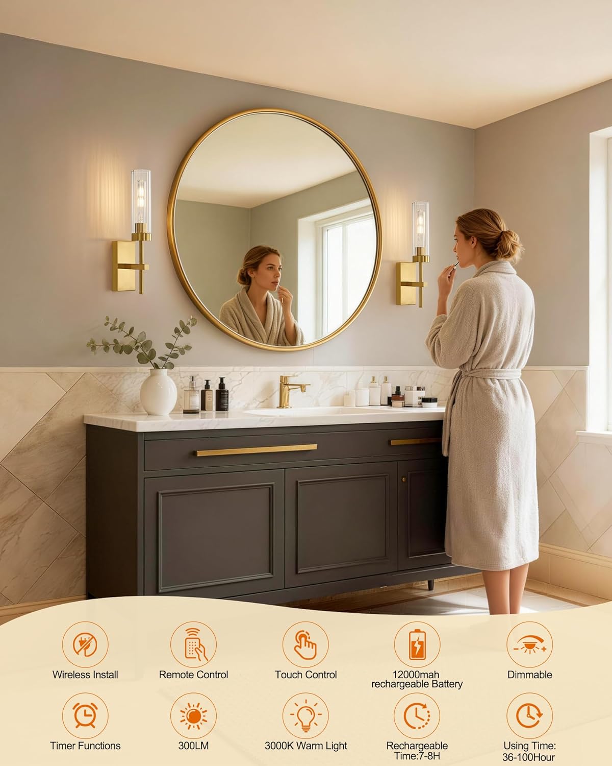 Gold Wireless Modern Battery Operated Wall Sconce Set of 2, Rechargeable Cordless Wall Lights with Remote, Dimmable Wall Lamp Decor for Bedroom Living Room Bathroom Hallway Entryway Stair