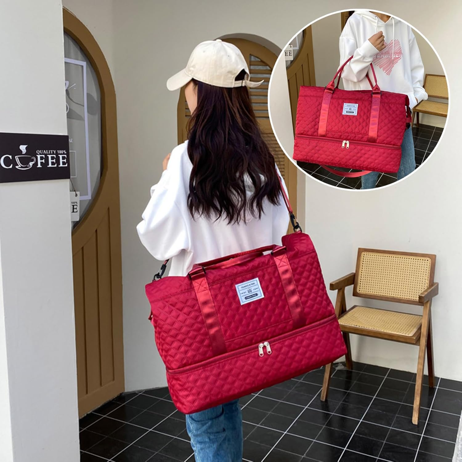 Expandable Weekender Bag for Women - Waterproof Large Capacity Travel Duffle with Multi-Compartment Organizer, Weekend Trips & Business Travel (wine red)
