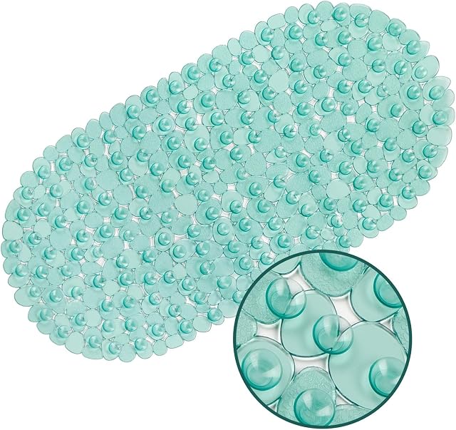 WELTRXE Bathtub Mat Non Slip Shower Mat, Anti-Mould Anti Slip Bath Tub Mat Frosted Pebble PVC Oval Bathroom Bath Mats with Suction Cups, Jade Green, 69 x 36 cm
