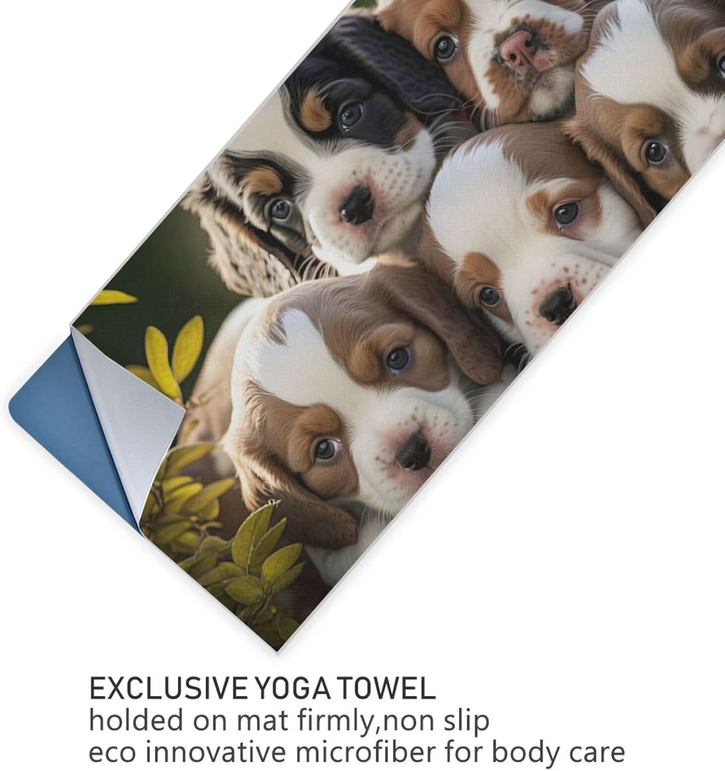 Yoga Mat Towel with Silicone Grip Dot Group Puppies Leaf – 73"x27" Non-Slip Sweat Absorbent Microfiber Yoga Towel for Home Gym Studio