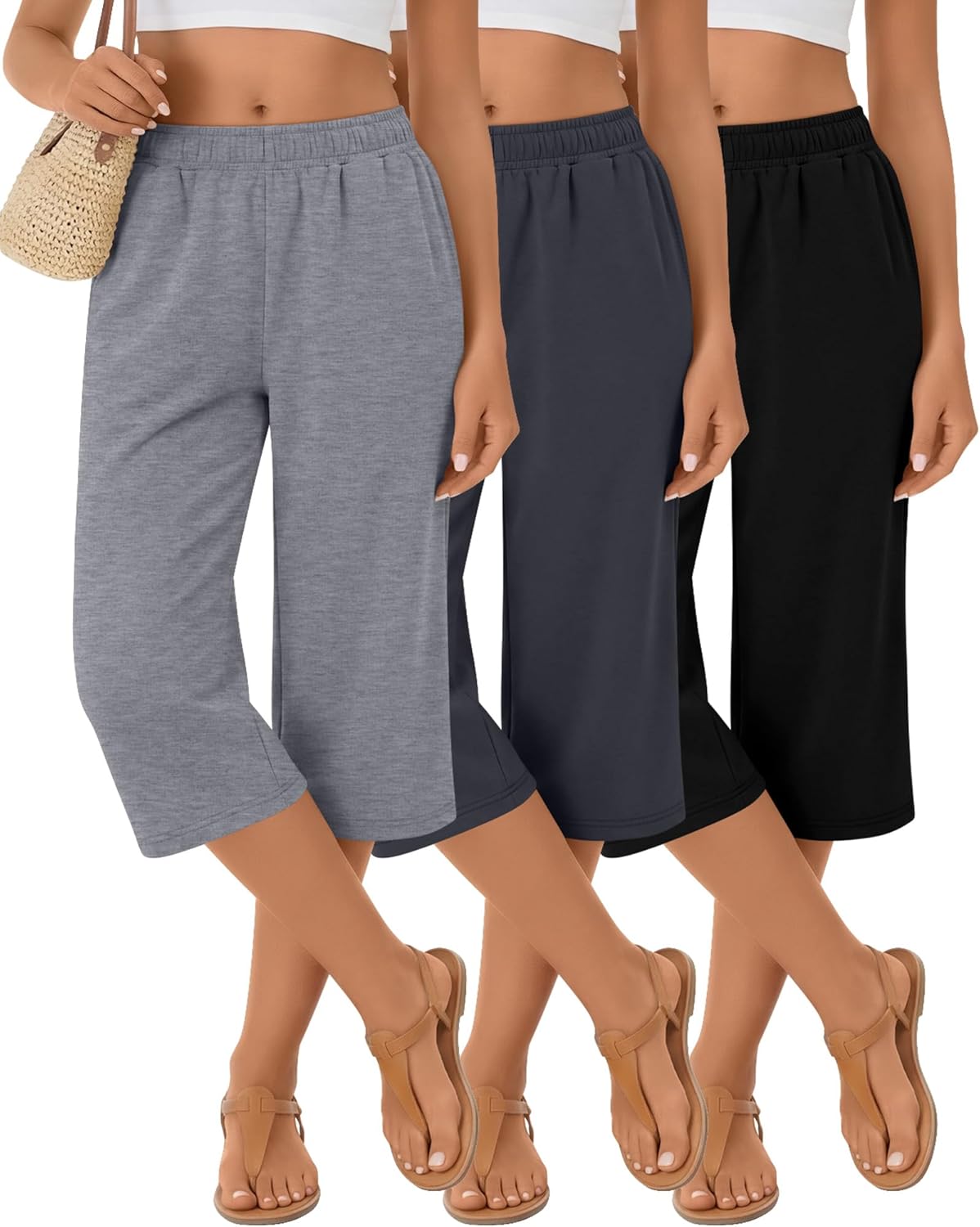 3 Pack Women's Capri Pants Wide Leg Yoga Sweatpants Casual Loose Summer Lounge Workout Cropped Jogger with Pockets