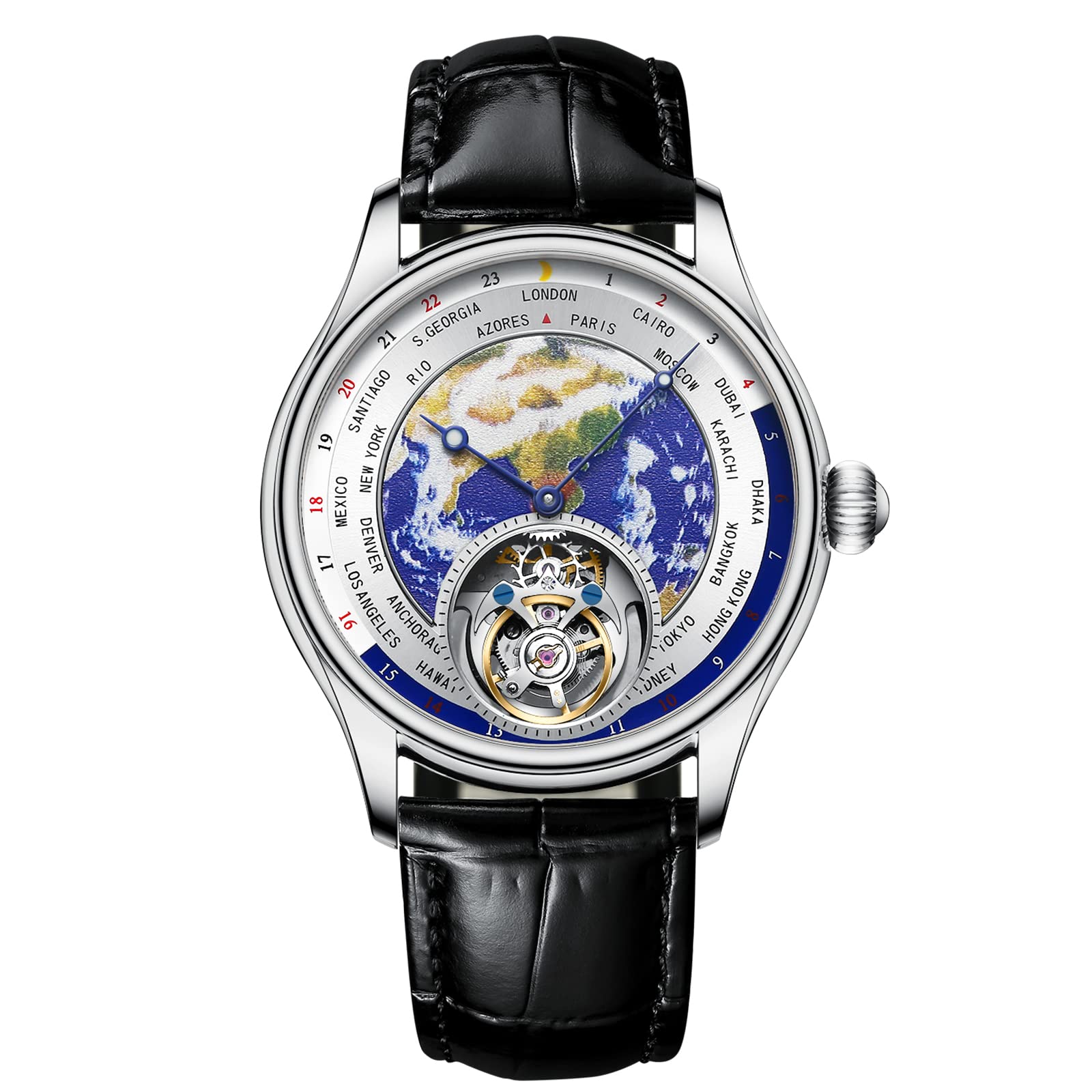 AESOPTourbillon Mechanical Watches for Men 3D Earth Enamel Dial Hand Wind Analog Wristwatches Stainless Steel Sapphire Waterproof Luminous Dress Business Men Watch with Leather Strap E01