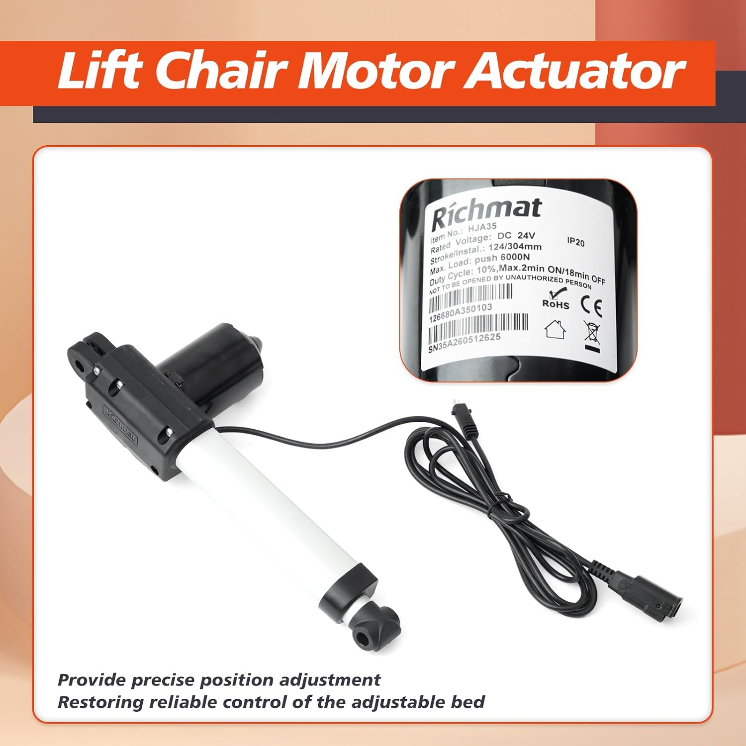 HJA35 Lift Chair Motor Actuator Replacement for Richmat Control System for Richmat Electric Recliner Adjustable Bed Actuator Assembly, with Electrical Plug Port Connector